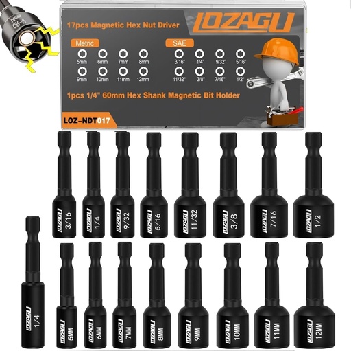 [BRSROHQ3CB7BOG3B] 17PCS Magnetic Nut Driver Set | SAE and Metric | Premium Impact Power Hex Nut Driver Drill Bit Master Kit | 1/4 Inch Hex Shank | Cr-V Steel (17PCS Magnetic Nut Driver (Short))