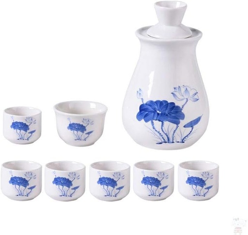 [BRSWYCA3C4MQMCLF] White Ceramic Japanese Sake Set Handicraft Sake Cup Cold/Hot/Tea/Sake Cup Japanese Sake Set Blue Lotus Small Sake Cup Wine Bottle