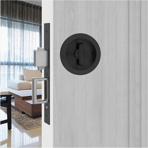 [BRSRACYDPIMQYFLU] Privacy Pocket Door Lock Hardware - Modern Privacy Pocket Door Mortise Lock - 2.6" Round Recessed Finger Flush Pulls Lock with Hidden Handles (Keyless-Black)