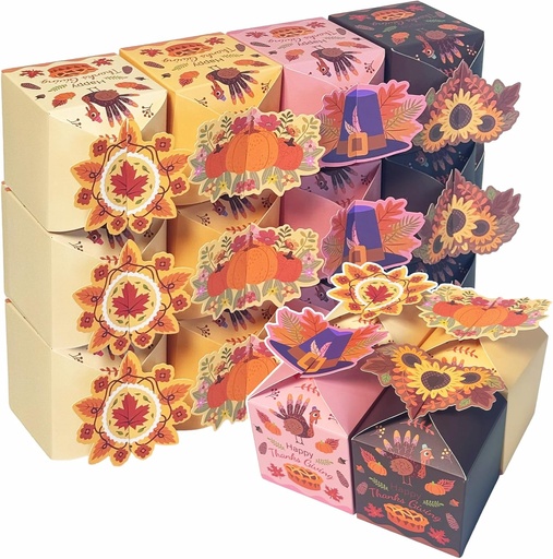 [BRSREFT2CVYWK2D5] qiqee Thanksgiving Gift Boxes Fall Treat Cookie Boxes for Gift Giving Festival Party, 3D Square Gift Box,Small Cardboard Box for Bakery,Candy,Snacks (28pcs 3.3x3.3x3.3 Inches)