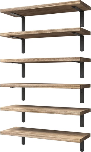 [BRSROZQ5O4FQEDI6] WOPITUES Wood Floating Shelves Set of 6, Shelves for Wall Decor, Farmhouse Shelf for Bedroom, Bathroom Storage Shelves, Book Shelves for Living Room - Rustic Brown