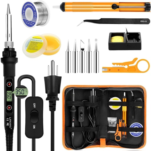 [BRSRMBL5BMCAYEY6] Soldering Iron Kit 80W LCD Adjustable Temperature 180-520℃ Solder Kit Electronics 13 in 1 Welding Tools with ON/OFF Switch, Solder Wire, Flux, 5 Soldering Tips, Desoldering Pump, Stand, Tweezers