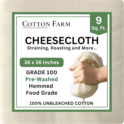 [BRSWYFARCAGWC3QY] Cotton Farm Grade 100 XL Cheese Cloth - Straining & More; 36x36 Inch; 100% Unbleached Cotton Cheesecloth; Reusable with Hemmed 2 Edges; Ultra-Dense (the finest) Butter Muslin