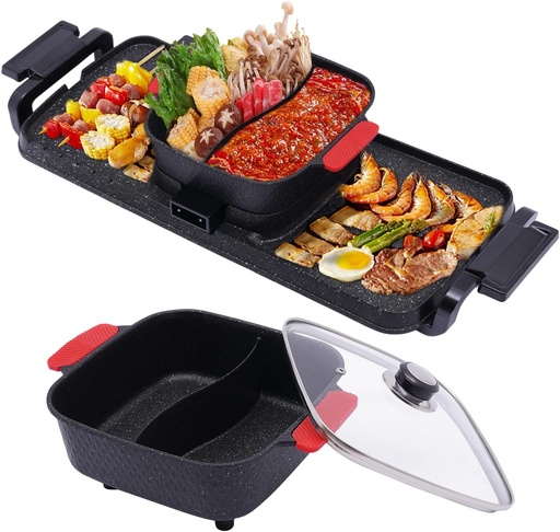 [BRSRE2T2CUNQYCL7] 2 in 1 Electric Hot Pot, Hot Pot with Grill, 2200W Dual Control Shabu Shabu, Indoor Korean BBQ, Portable,Multifunctional Smokeless Stovetop, Separate Temperature Control, For 2-12 People