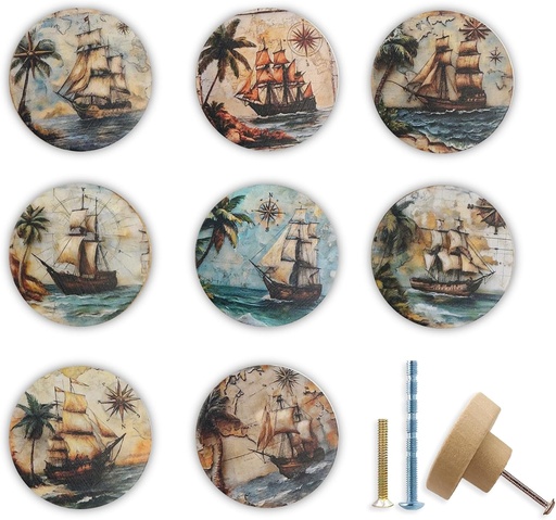 [BRSREZTROUBA2HI4] 1.8" 8PCS Vintage World Nautical Wooden Sailboat Farmhouse Kitchen Cabinet Room Furniture Dresser Drawer Knobs Pulls