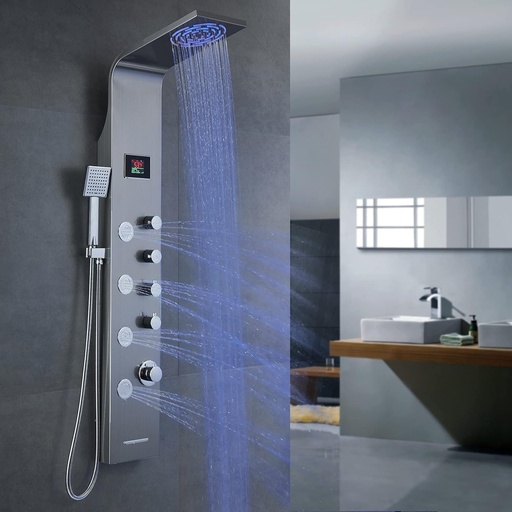 [BRSW2BLQAV5QAGY7] ROVATE Modern LED Rainfall Waterfall Shower Panel Tower System, Multi-function Stainless Steel Shower Tower Rain Massage System with Powerful Body Jets, Shower Wand, Tub Spout(Brushed Finish)