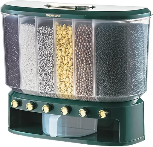 [BRSRAFD3PINAGDQU] Dry Food Dispenser 6-Grid Storage,Wall Mounted Cereal Dispenser with Lids,Home Kitchen Storage Tank Grains Rice Bucket Rice Dispenser Food Dispenser,green-46x36x16cm
