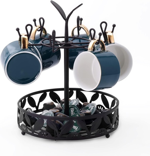 [BRSROYD6CMNBQ3T6] ZWANG Mug Tree with Coffee Pod Basket Storage, Rotatable Mug Holder Stand, Coffee Mugs & Tea Cup Storage Rack, Coffee Counter Bar Accessory & Kitchen Organizer