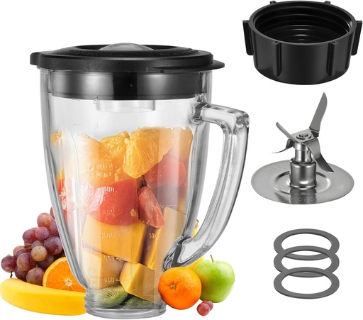 [BRSREHQDA55AM3L3] 6 Cup Blender Glass Jar with Blade，Including 1 glass jar with lid 1 4fins blade 1 blender jar base 3pcs seal gasket. Replacement Parts for Oster Osterizer (NOT fit Pro, Master or Versa models)
