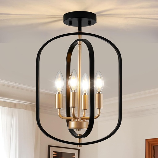 [BRSREGL5BB6BMFLH] Black and Gold Flush Mount Ceiling Light, 4-Light Semi Flush Mount Ceiling Lights Kitchen Lighting Fixtures Industrial Modern Farmhouse Chandelier for Dining Room Foyer Hallway Entryway