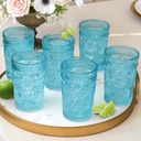 Kate Aspen Vintage Textured Aqua Blue Striped Drinking Glasses Set of 6-13 oz Ribbed Glassware with Flower Design | Cocktail Set, Juice Glass, Water Tumbler