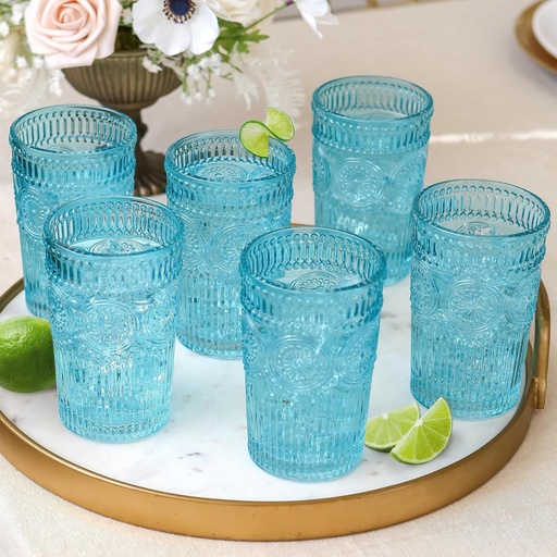 [BRSROFTYPMARYYLA] Kate Aspen Vintage Textured Aqua Blue Striped Drinking Glasses Set of 6-13 oz Ribbed Glassware with Flower Design | Cocktail Set, Juice Glass, Water Tumbler