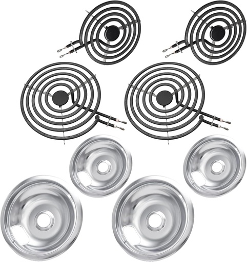 [BRSRMEIYPMMGY2DL] MP22YA Electric Stove Burner Element Replacement Set & W10290350 W10290353 4 Pack Silver Drip Pans - Perfectly Fit Whirlpool Electric Range Stove Top