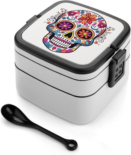 [BRSREH3YCV7WM2DL] Sugar Skull Stackable Bento Box Double-layered Leak-Proof Lunch Box 1L Capacity Portable Lunchbox Durable Drop-Proof for Work Picnic Travel