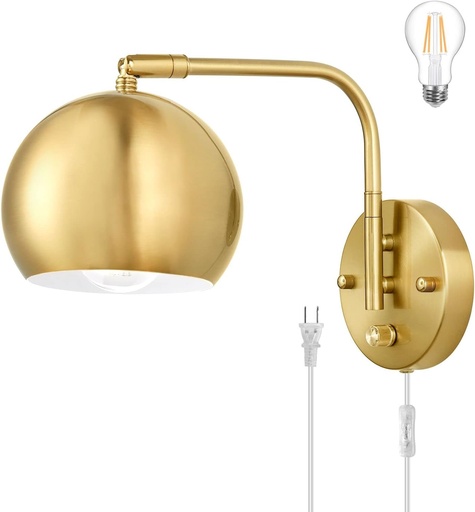 [BRSRMFQNAACRG3DA] Plug in Dimmable Wall Sconce Swing Arm Wall Lights with Plug in Cord and Dimmer On/Off Knob Switch, Brushed Brass Globe Wall Light for Bedside Bedroom Bathroom(1 Bulb Included)