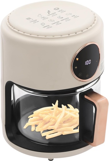 [BRSREYDYBB7BACLX] Airy Fryer, 3.81Qt 1200W Glass Air Fryer, Clear Viewing Window, Easy-to-Clean Basket, Digital Display, Adjustable Temp 80℃~200℃, White