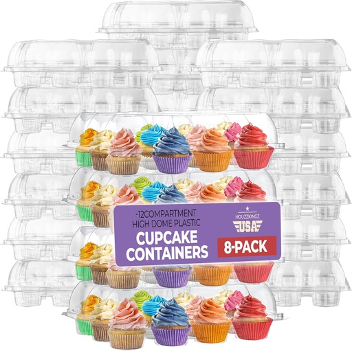 [BRSW2BIHBF5AYDLJ] Plastic Cupcake Containers Boxes | 12 Compartment – 8 Pack | Disposable High Dome Dozen Cupcake Holder With Lid Bulk | Extra Sturdy Stackable Cupcake Boxes | Durable Muffin Packaging Transporter To Go