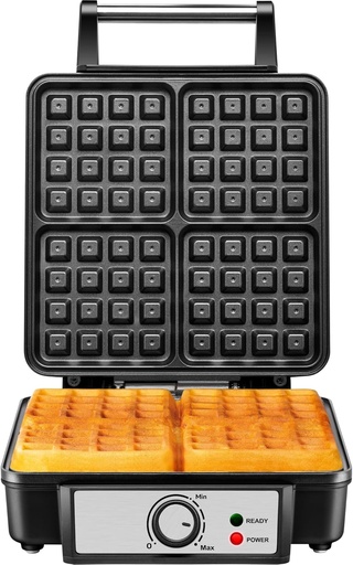 [BRSRABQ7CQMWECLZ] 4 Slice Belgian Waffle Maker with Adjustable Temperature and Nonstick Plates - LED Indicators Display - Cool Touch Handles - Automatic Shut Off - Black