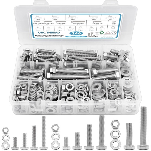 [BRSRMFL3CEHGOD3V] 246PCS Hex Head Bolts and Nuts Assortment Kit, Stainless Steel 1/4-20, 5/16-18, 3/8-16, Assorted Nuts and Bolts, Flat & Spring Lock Washers with Case