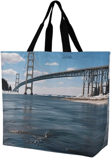 [BRSRA2QDOJ5WYFLX] Large Capacity Tote, Mackinac Suspension Bridge Print All-purpose Shopping Bag Reusable Grocery Bag Shopping Tote for Women One Shoulder Tote