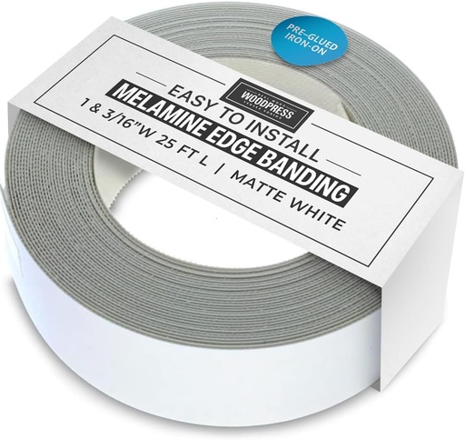 [BRSW2GQ2B4PBQ3D7] WoodPress® 1 & 3/16 inch Matt White Melamine Edge Banding, Pre-Glued Veneer Tape – 25 ft Roll - Iron-On for Easy DIY Application – Will Cover The Edge of a Standard 8' x 4' MDF Panel