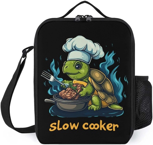 [BRSREGL5PIBR6AD6] Slow Cooker Turtle Chef Insulated Lunch Bag with Adjustable Shoulder Strap Side Pocket Meal Box Tote