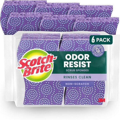 [BRSWGY3YDIFB63DX] Scotch-Brite Odor Resist Non-Scratch Scrub Sponge, Dishwasher-Safe Kitchen Sponges that Resist Bacterial Odors, Multipurpose Dish Sponge for Gentle Cleaning, 6 Dish Sponges