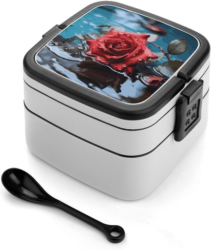 [BRSRA23ROUIRGC3X] Red Rose in Water Bento Box with Compartments Double Layer Bento Lunch Box with Spoon And Handle All-in-One Adult Lunchbox Leakproof Lunch Container for Work Picnic Travel