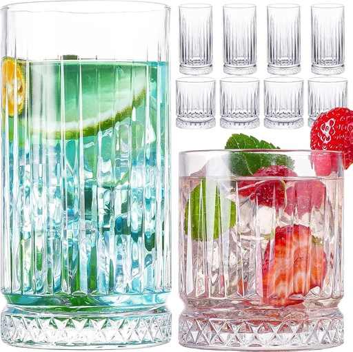 [BRSRMCY7PINB4E3F] Crystal Drinking Glasses, Set of 8 Durable Glass Cups-4 Highball Glasses 15oz & 4 Rocks Glasses 12oz, Mojito Cups, Cocktail Glass, Bar Glassware Set for Cocktail, Beer, Whiskey