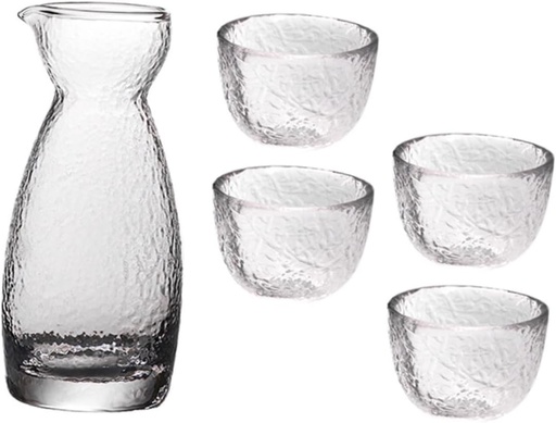 [BRSRACQFAUJWKEQU] Japanese Sake Cup Set Hammered Texture Glass Sake Pot and Cups 6-Piece Creative Drinkware for Home Restaurant and Parties