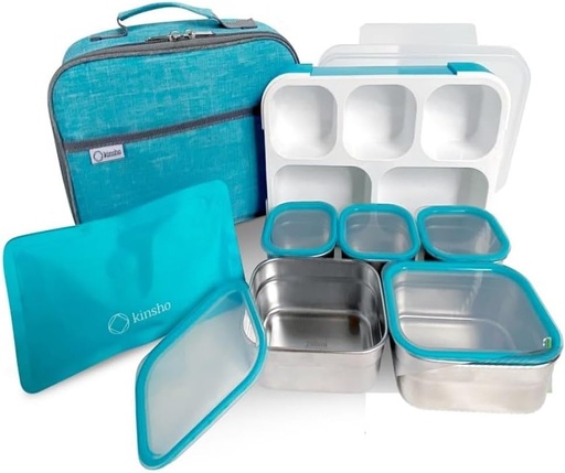 [BRSRMCQYBACW2HY4] Stainless Steel Kids Bento Lunch-Box with Lunch Bag Ice Pack for Toddler Kids Adult, Leak-Proof School Lunch Container Boxes, Snack Food Containers for Daycare, 5 Compartment Snackle-Box 34 oz Blue