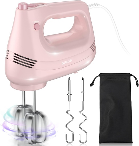 [BRSROZYKOEMRGD3V] Electric Hand Mixer with Stainless Steel Whisk, Dough Hook Attachment and Storage Bag, Handheld Mixer for Baking Cakes, Eggs, Cream Food Mixers. Turbo Boost /5 Speed Kitchen Blender PINK