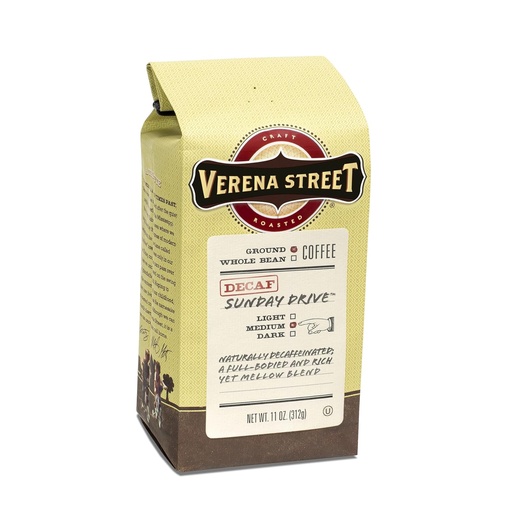 [BRSWICTRBINBUC36] Verena Street 11 Ounce Ground, Swiss Water Process Decaf Coffee, Sunday Drive Decaffeinated, Medium Roast Rainforest Alliance Certified Arabica Coffee