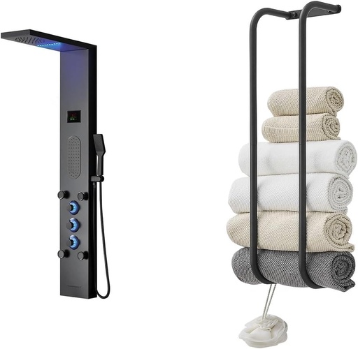 [BRSRAAITBV5QAD34] BWE LED Shower Panel,Black Rainfall Shower Panel Tower System,Stainless Steel Shower Tower Bundle with Tower Racks for Bathroom,Wall Mounted Bathroom Towel Storage,304 Stainless Steel Tower Holder