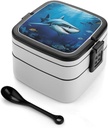 Bento Lunch Box for Women Lunch Containers for Adults Great White Fish Double Layered Lunchbox Large Capacity Bento Box with Cutlery for Work Picnic Camping Travel