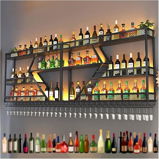 [BRSRAHYCOYPRUAD6] Wine Rack Wall Mounted with LED Light Metal Floating Shelves with Hanging Wine Glass Holder Liquor Bottle Display Shelf Industrial Storage Racks for Bar Wine Cellar Kitchen Decorat