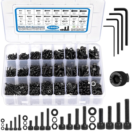 [BRSRMCT7BMBQK2TX] 1600PCS Metric Screw Assortment M2 M3 M4 M5, Grade 12.9 Alloy Steel Metric Bolts and Nuts Assortment Kit, Hex Socket Head Cap Metric Machine Screws Nuts and Bolts and Flat&Lock Washers Set