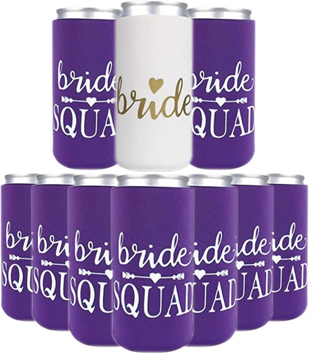 [BRSROYABCMGRUDTK] PartyGifts&beyond 10Packs Bachelorette Party Decorations Slim Can Cooler Bridesmaid Gifts Can Sleeves Bride Squad Can Coolers for Party(Purple)