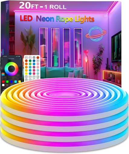 [BRSRAZQYCIMRMH3G] 20Ft Neon Rope Lights,Flexible Led Rope Lights Control with App/Remote,Multiple Modes Rope Lights,IP67 Outdoor Waterproof,Music Sync Light Strip for Bedroom