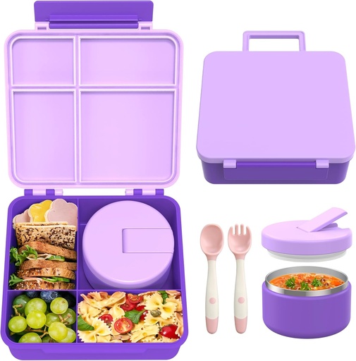 [BRSROAT4BUFAYEYU] Bento Lunch Box with 8oz Soup Thermo, Leak-Proof Lunch Containers with 4 Compartment, Thermo Hot Food Jar and Insulated Lunch Box for School Purple