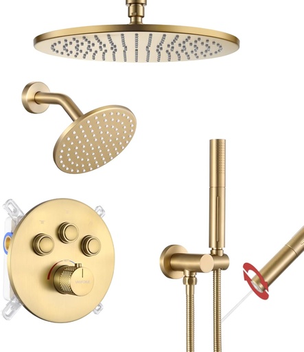 [BRSRAAAFB55WY23O] VANFOXLE Thermostatic Shower Faucet Set Brushed Gold Shower System,Push Button Diverter Shower Faucet with 2 in 1 Handheld,Ceiling Mount Increased Thickness 12 Inch Shower Head with 6 Inch Shower Head