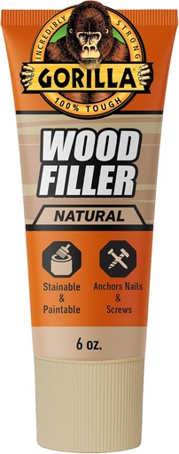 [BRSW2HQ3PIBR4CLH] Gorilla All Purpose Wood Filler, Natural Color, 6 Ounce Tube (Pack of 1) - Water Resistant for Indoor or Outdoor Projects and Repairs