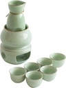 Sake Set and Cups with Warmer, Traditional Porcelain Japanese Pottery Hot Saki Drink Set Kit, 7-Piece Include 1 Stove 1 Warming Bowl 1 Sake Bottle 4Cup (Green 9pcs)