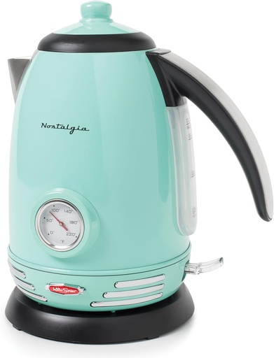 [BRSWGFQ5BUBBYHTD] Nostalgia RWK150AQ Retro Stainless Steel Electric Water Kettle, Holds 1.7 Liters, Boil-Dry Protection, 360° Rotating Base, Water Level Indicator Window, Perfect For Tea, Hot Chocolate, Coffee, Aqua