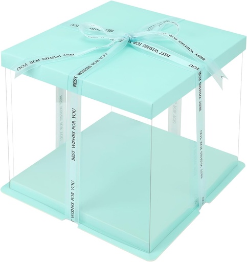 [BRSREZQYCQIBQETG] 2 Pack Clear Cake Boxes 10x10x9 in, Transparent Cake Carrier Box with Lid, Tall Cake Packaging Box with Ribbon, Blue