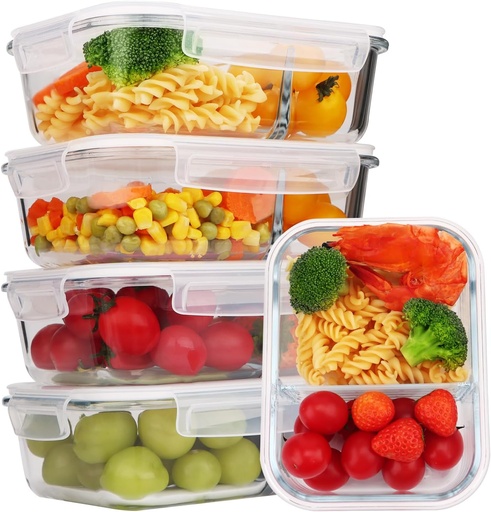 [BRSRAGI5CRYA2E3H] 5-Pack Glass Storage Containers,Glass Food Container with Lid,Lunch Box,Bento Box,Storage Box,Meal Prep Containers,Lunch Containers,Fruit Preservation Boxes,Two-partition-White