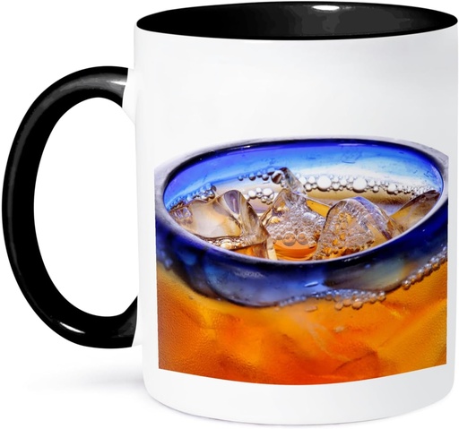 [BRSWKYIGAAEAYYD6] 3dRose Close-up of glass of iced tea with blue rim on white background. 11oz Two-Tone Black Mug