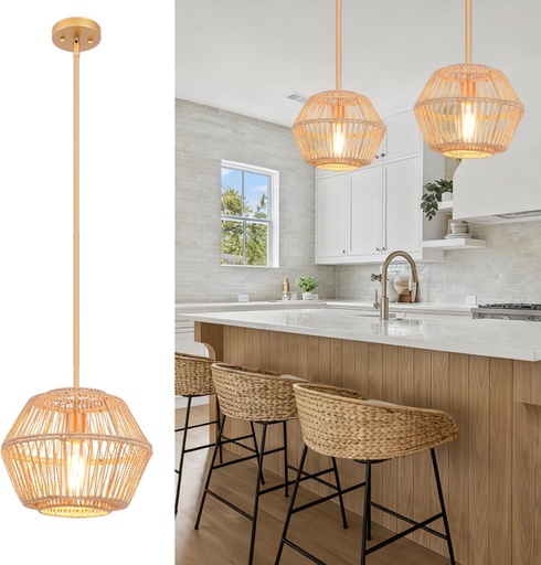 [BRSRMZQDOAPRYA37] VILUXY Woven Rattan Pendant Light Fixture Handmade Cage Wicker Boho Chandelier Natural Abaca Rope Hanging Ceiling Lamp Gold Finish for Bedroom Dining Room Kitchen Island