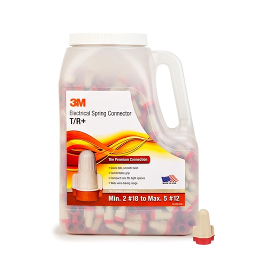 [BRSWIZL5OV5QMCLI] 3M Performance Plus Wire Connector T/R+JUG, Tan/Red, Flexible Steel Spring Connectors, Smooth, Comfortable Feel, Copper, CSA Certified, UL Listed, Jug of 750, 22-8 AWG