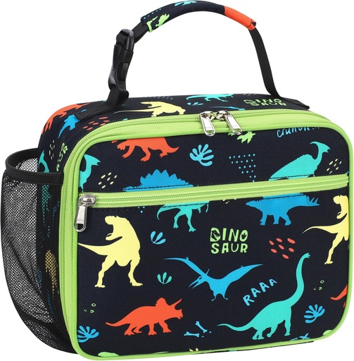 [BRSROCYLBEFBAGTB] Insulated Kids Lunch Bag - Reusable Boys Lunch Box with Water Bottle Holder Toddler Lunch Tote Bag for Daycare and School, Easy to Clean, Black Dinosaur
